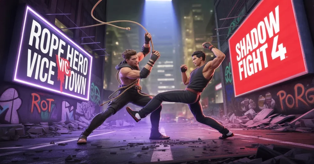 Rope Hero Vice Town vs Shadow Fight 4 – The Ultimate 2025 Showdown